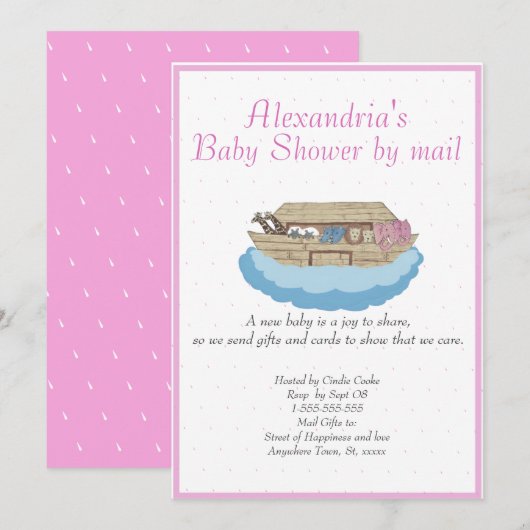 Girl Pink Noah Ark Baby shower par mail Invitation (Devant / Derrière)