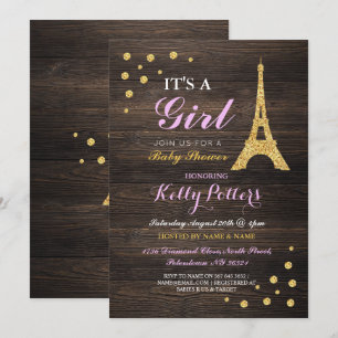 Girl Pink Paris Gold Baby shower Wood Invite Kaart