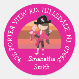 Girl Pink Parrot Pirate Party ADDRESS Classic Ro Ronde Sticker