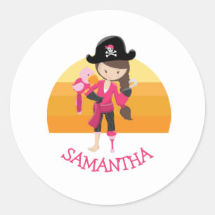Girl Pink Parrot Pirate Party Ronde Sticker