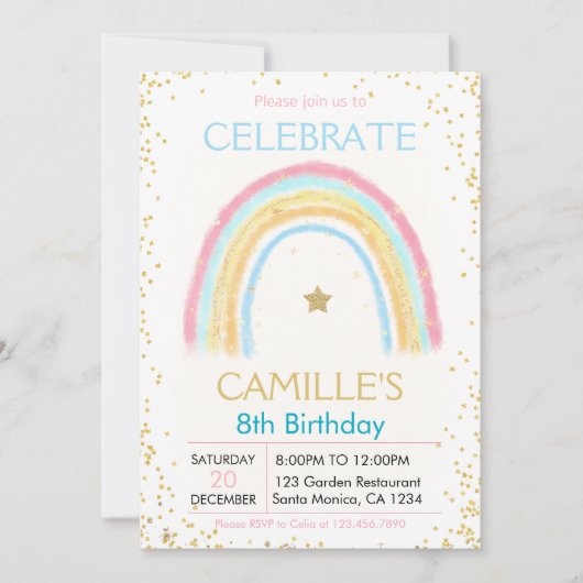 Girl Pink Pastel Gold Arc-en-ciel invitation (Devant)