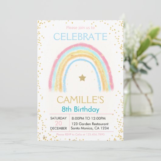 Girl Pink Pastel Gold Arc-en-ciel invitation (Debout devant)