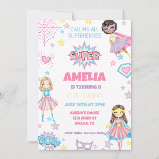 Girl Pink Superhero Invitation d'anniversaire