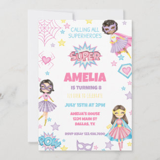 Girl Pink Superhero Invitation d'anniversaire