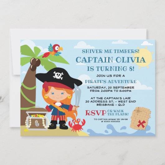 Girl Pirate Party Birthday-uitnodigingen Kaart (Voorkant)