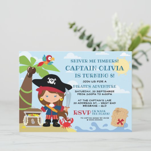 Girl Pirate Party Birthday-uitnodigingen Kaart (Staand voorkant)