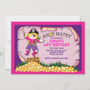 Girl Pirate Treasure Chest Birthday Invitation Kaart