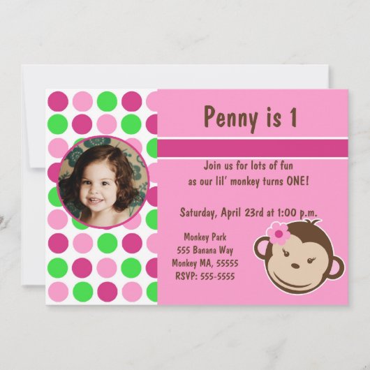 Girl Polka Dot Monkey Invite Kaart (Voorkant)