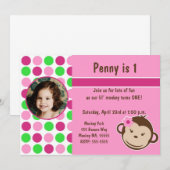 Girl Polka Dot Monkey Invite Kaart (Voorkant / Achterkant)