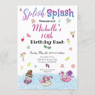 Girl Pool Party Glitter Tropical Summer Birthday Kaart