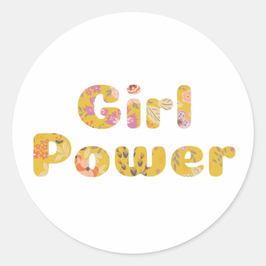 Girl Power Floral Lettering in Mustard Yellow Ronde Sticker (Voorkant)