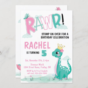 Girl Princess Dinosaur Pink & Blauwgroen Birthday Kaart