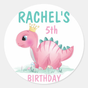Girl Princess Dinosaur Pink & Blauwgroen Birthday  Ronde Sticker