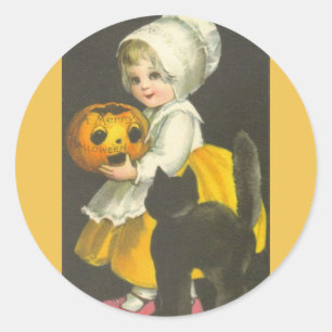 Girl Pumpkin Black Cat Halloween Stickers