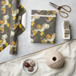 Girl Pumpkin Cat  Halloween Wrapping Paper Cadeaupapier