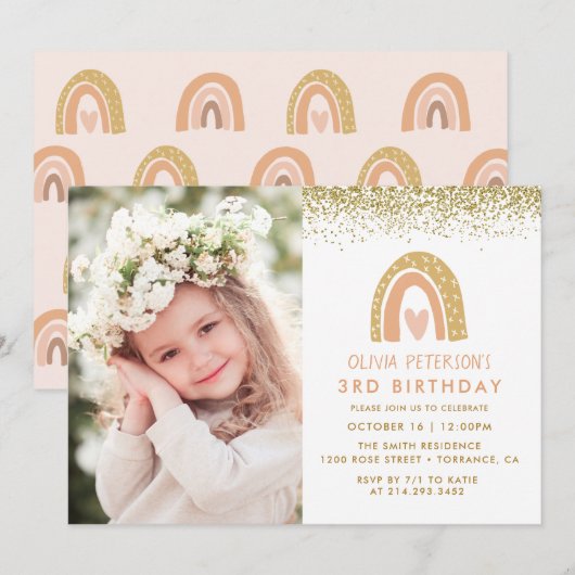 Girl Rainbow 3ème anniversaire Invitation photo (Devant / Derrière)