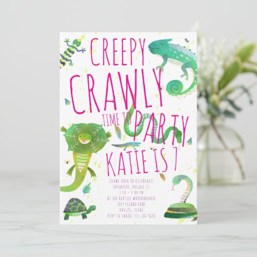 Girl Reptile Birthday Invitation - Lizards & Snake Kaart (Staand voorkant)