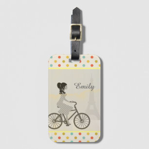 Girl Riding Bike in Paris Polka Dot Personalized Bagagelabel