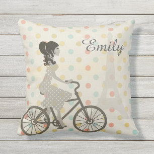 Girl Riding Bike in Paris Polka Dot Personalized Buitenkussen
