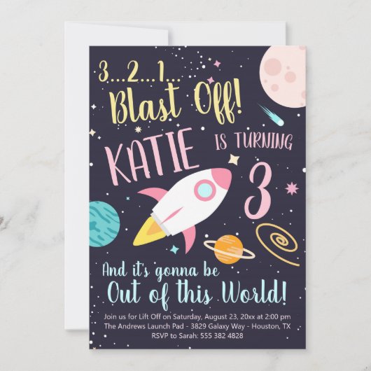 Girl Rocket Ship Space Invitation Anniversaire (Devant)