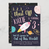 Girl Rocket Ship Space Invitation Anniversaire (Devant / Derrière)