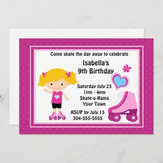 Girl Roller Skating Birthday Party Kaart (Voorkant / Achterkant)