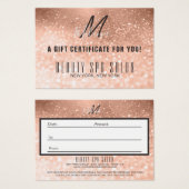 Girl Rose Gold Glittery Monogramme Certificat cade (Devant & derrière)