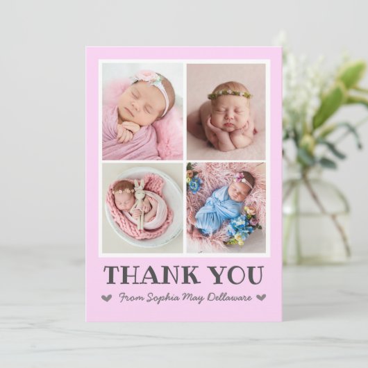 Girl roze baby bedankt je kaart met foto collage (Staand voorkant)