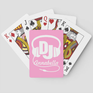 Girl roze DJ voegt jouw naam muziekkaarten toe Pokerkaarten