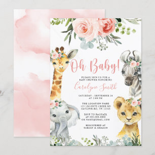 Girl Safari Animal Baby shower Invitation Greenery Kaart