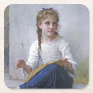 Girl Sewing, Bouguereau Vierkante Kartonnen Onderzetter