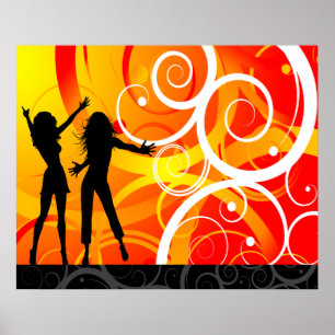 Girl Silhouettes dansend op achtergrond van wervel Poster