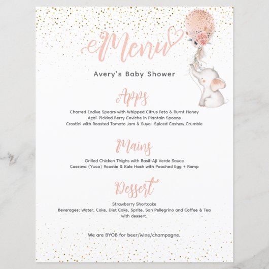 Girl Simple Elephant Balloon Baby shower Menu (Voorkant)