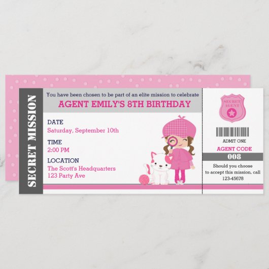 Girl Spy / Detective Ticket Invitations Anniversai (Devant / Derrière)