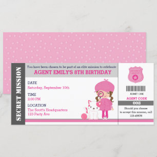 Girl Spy/rechercheur Ticket Birthday Invitations Kaart