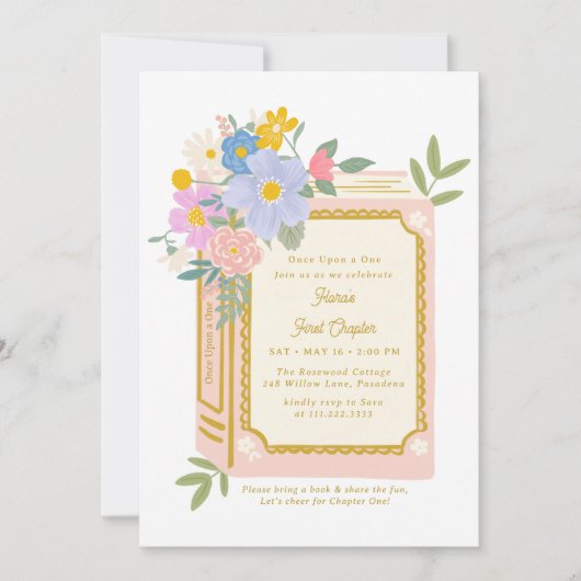 Girl Storybook 1st Birthday Invitation  Kaart (Voorkant)