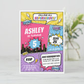 Girl Superhero Comic Invitation d'anniversaire (Debout devant)