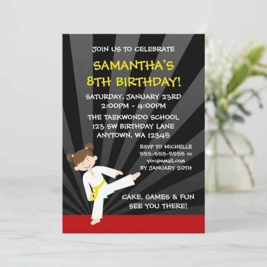 Girl Taekwondo Karate Yellow Belt Birthday Kaart (Staand voorkant)
