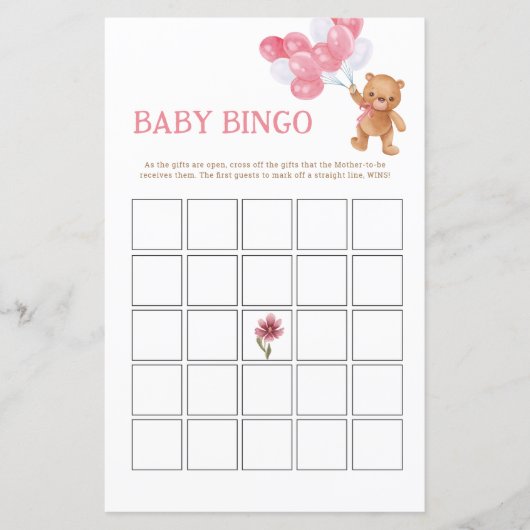 Girl Teddy Bear Baby Bingo Carte de jeu (Devant)