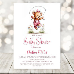 Girl Teddy Bear Wearing Pink Overalls Baby Shower Kaart
