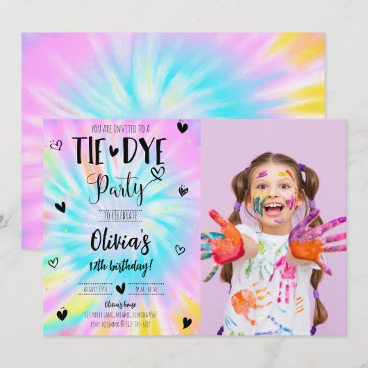Girl Tie Dye Anniversaire Fête Photo Invitation (Devant / Derrière)