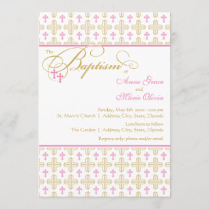 Girl Twins Cross Pattern Baptism Invitation Kaart