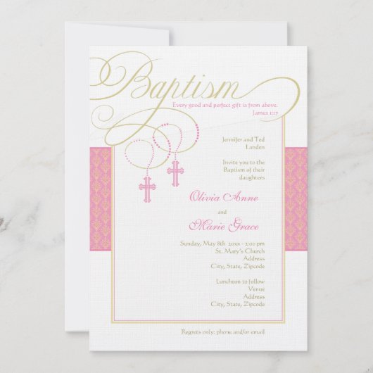 Girl Twins Damask Baptism Invitation (Devant)