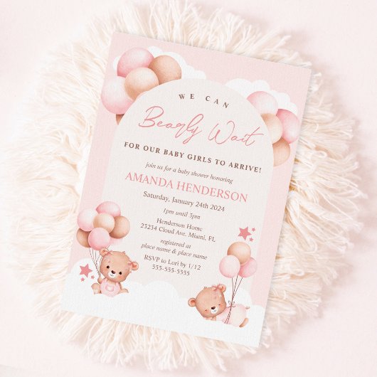 Girl Twins Teddy Bear Baby shower Invitation