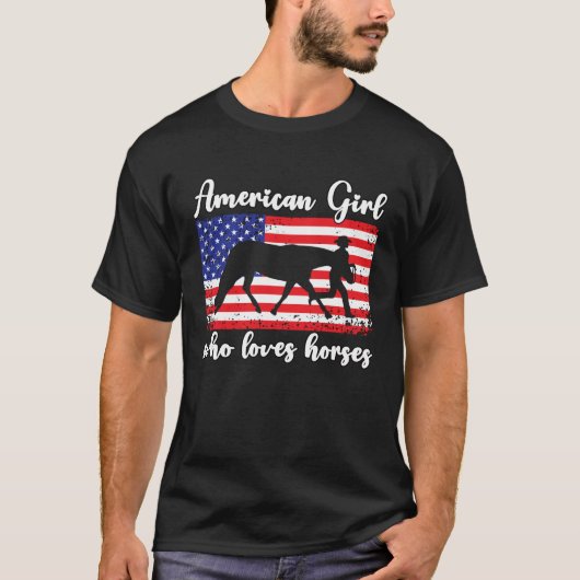 Girl Who Loves Horses Proud American Usa Flag 2 T-shirt (Voorkant)