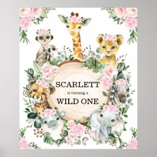 Girl Wild One Safari Animals Oerwoud 1e verjaardag Poster