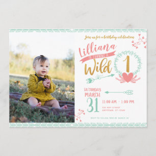 Girl Wild One Tribal Photo First Birthday Invite Kaart