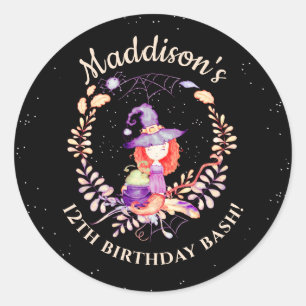Girl Witch Birthday Waterverf Ronde Sticker