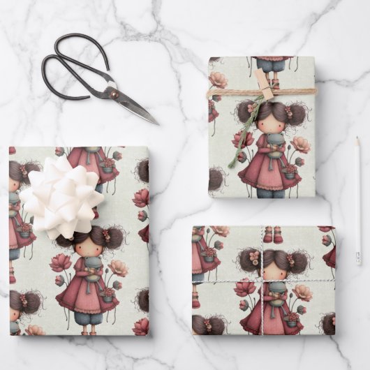 Girl with A Frog Doll Cute Whimsical Pattern Inpakpapier Vel (Voorkant)