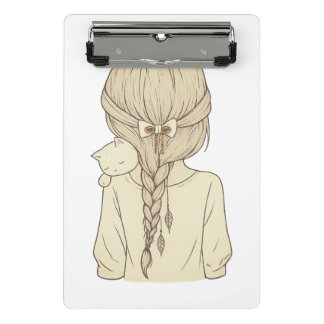 Girl with Braid and Cat Illustration – Soft Pastel Mini Klembord